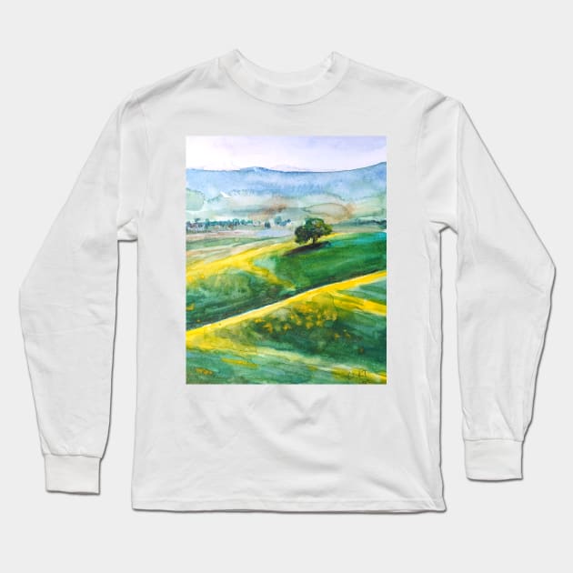 green and yellow landscape watercolor painting Long Sleeve T-Shirt by colorandcolor